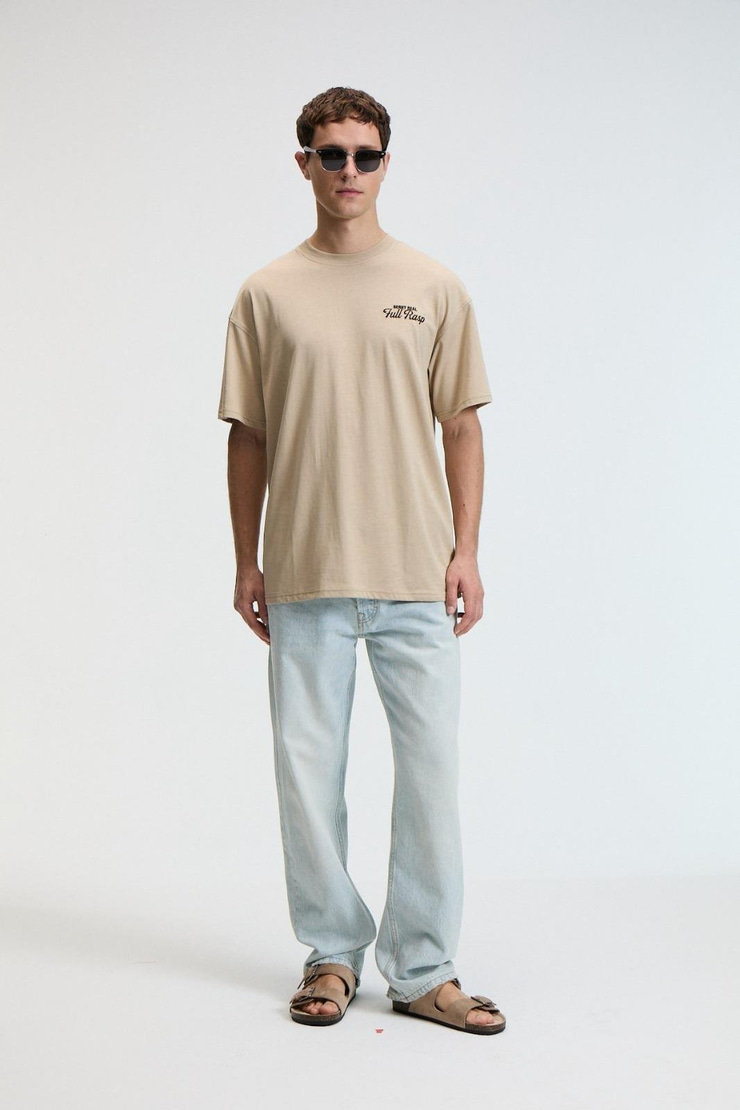 FLAVOR Erkek Oversize %100 Pamuk Baskılı Yuvarlak Yaka Bej T-Shirt