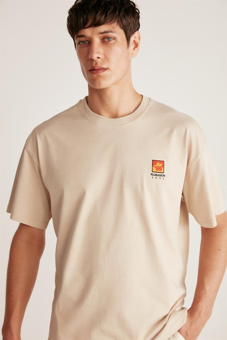 FLORAISON Örme Oversize Bej Tekli T-Shirt