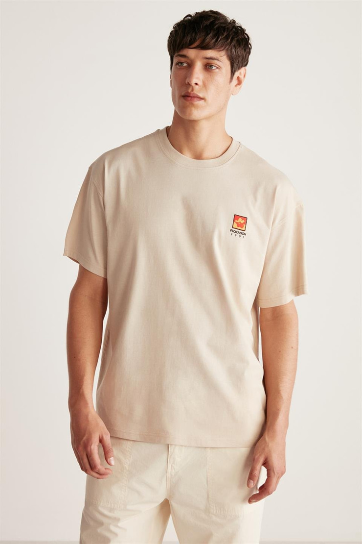 FLORAISON Örme Oversize Bej Tekli T-Shirt