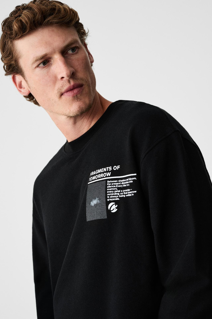 FRAGMENT Erkek %100 Organik Pamuklu Baskılı Uzun Kollu Siyah T-Shirt