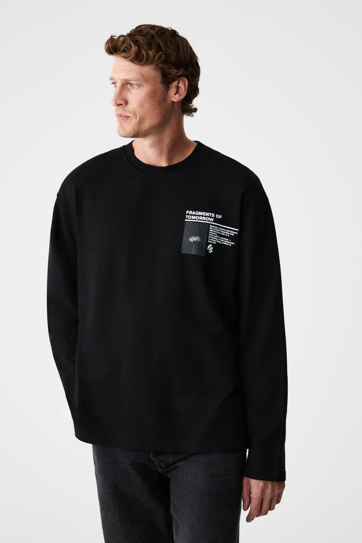 FRAGMENT Erkek %100 Organik Pamuklu Baskılı Uzun Kollu Siyah T-Shirt