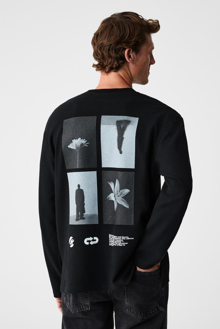 FRAGMENT Erkek %100 Organik Pamuklu Baskılı Uzun Kollu Siyah T-Shirt