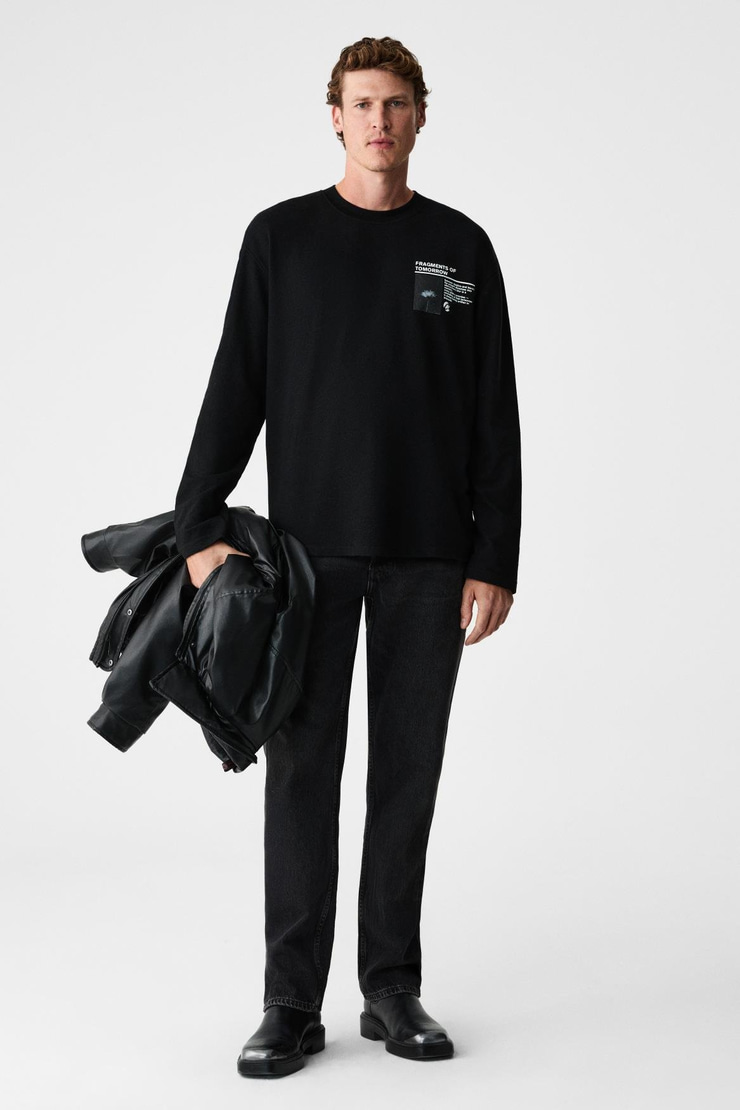 FRAGMENT Erkek %100 Organik Pamuklu Baskılı Uzun Kollu Siyah T-Shirt