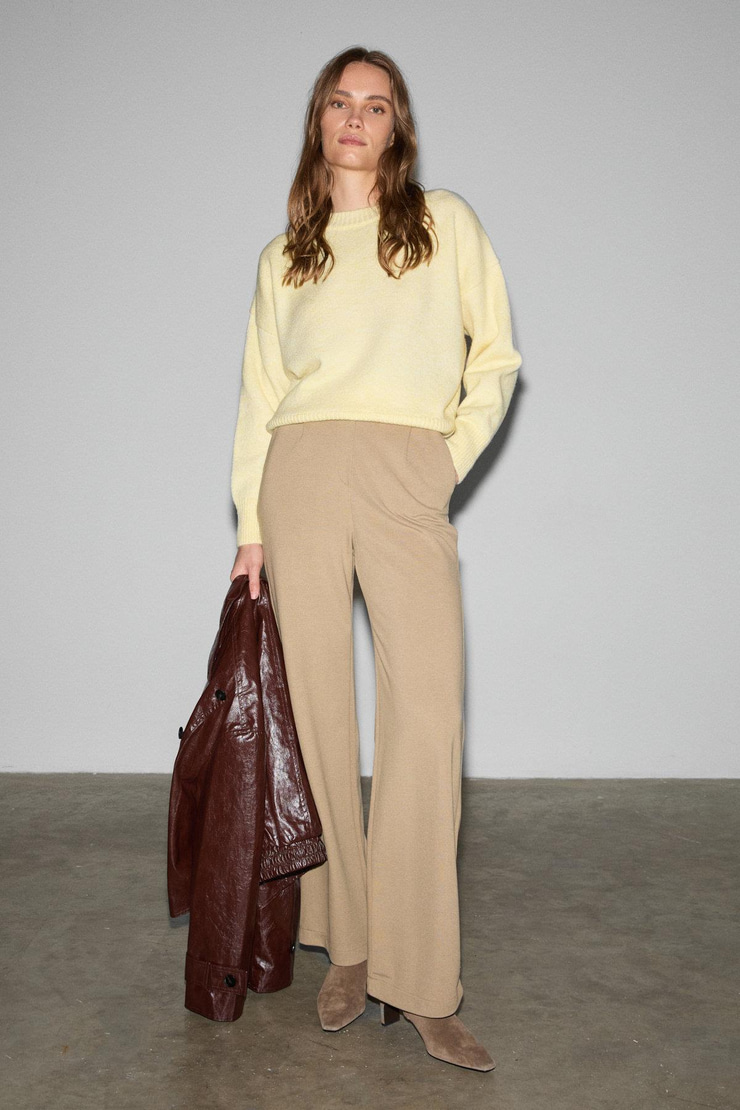 FREDA Kadın Kalın İnterlok Tok ve Esnek Kumaşlı Flare Paça Önü Nervürlü Beli lastikli Bej Pantolon