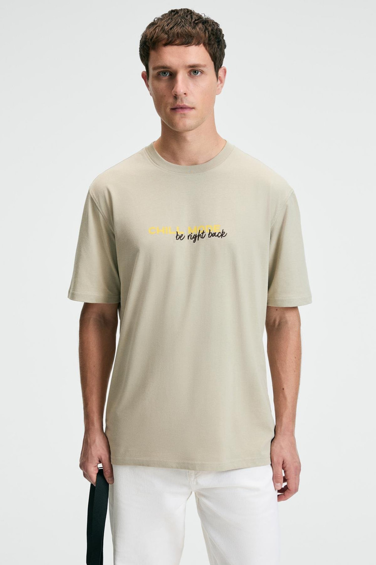 FRESH Erkek %100 Pamuk Oversize Fit Baskılı Kısa Kollu Yuvarlak Yakalı Taş Rengi T-Shirt