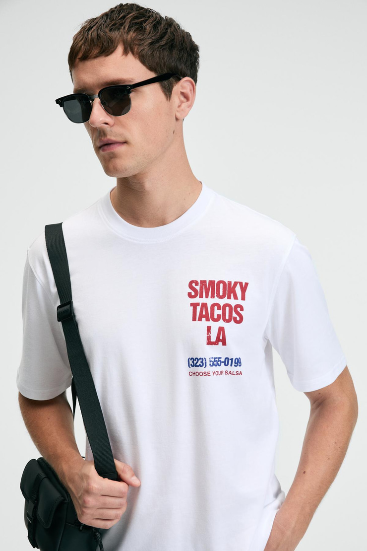 FRESH Erkek %100 Pamuk Oversize Fit Baskılı Kısa Kollu Yuvarlak Yakalı Beyaz T-Shirt