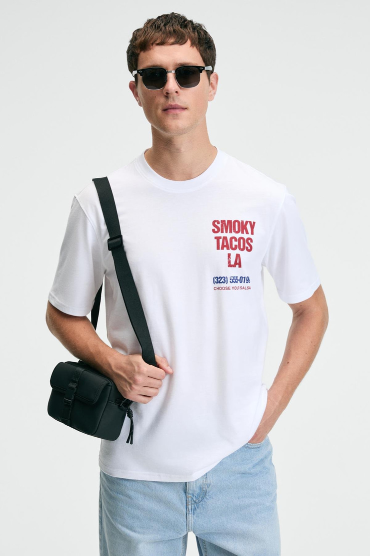 FRESH Erkek %100 Pamuk Oversize Fit Baskılı Kısa Kollu Yuvarlak Yakalı Beyaz T-Shirt