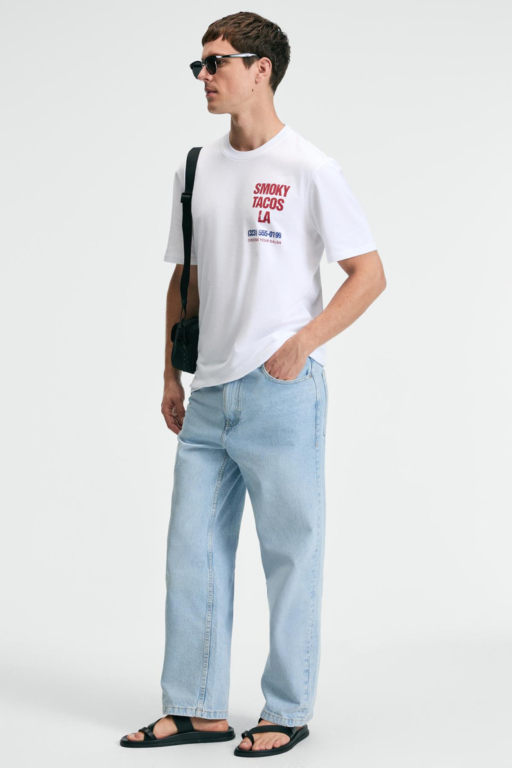 FRESH Erkek %100 Pamuk Oversize Fit Baskılı Kısa Kollu Yuvarlak Yakalı Beyaz T-Shirt