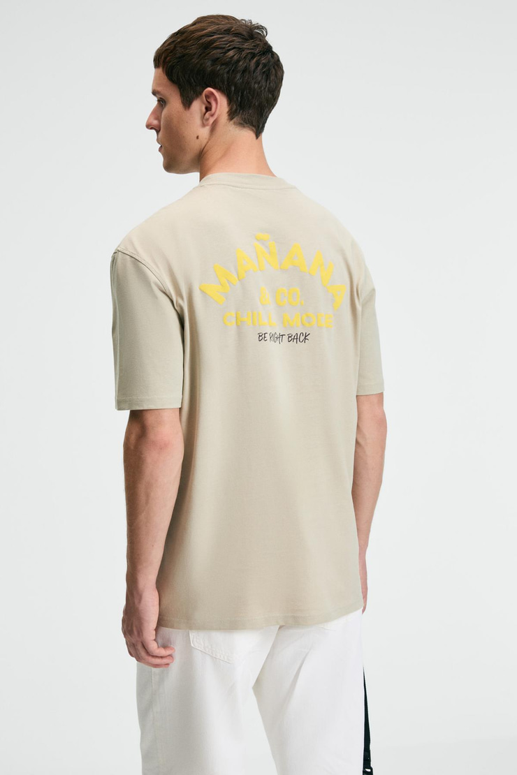 FRESH Erkek %100 Pamuk Oversize Fit Baskılı Kısa Kollu Yuvarlak Yakalı Taş Rengi T-Shirt