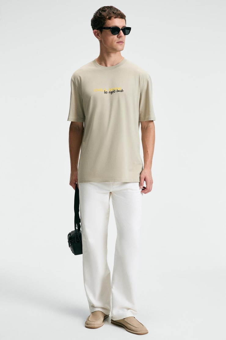 FRESH Erkek %100 Pamuk Oversize Fit Baskılı Kısa Kollu Yuvarlak Yakalı Taş Rengi T-Shirt