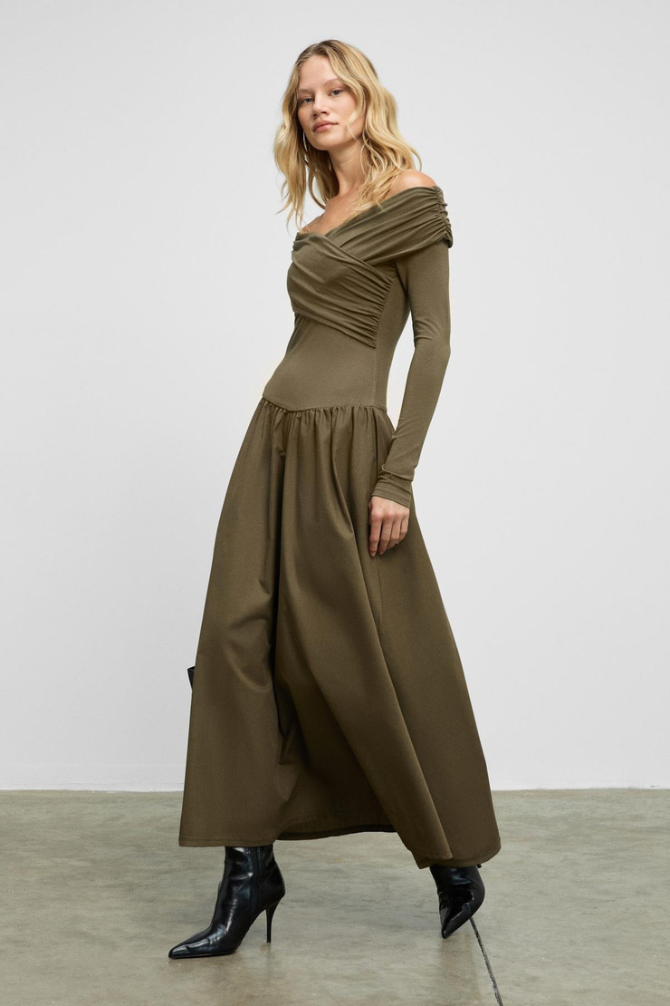 FRUENDO Kadın Asimetrik Yakalı Üstü Esnek Kumaşlı Eteği Poplin Uzun Haki Elbise