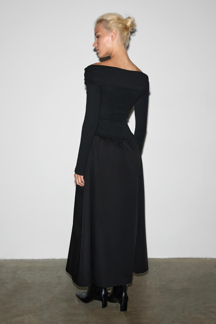 FRUENDO Kadın Asimetrik Yakalı Üstü Esnek Kumaşlı Eteği Poplin Uzun Siyah Elbise