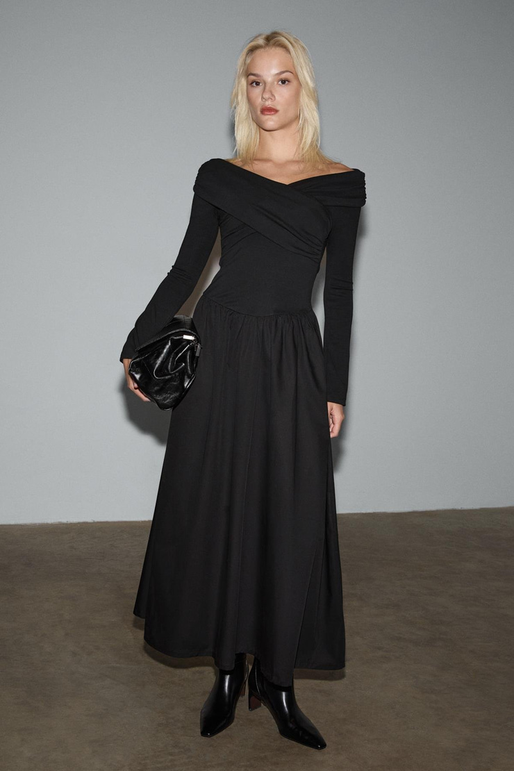 FRUENDO Kadın Asimetrik Yakalı Üstü Esnek Kumaşlı Eteği Poplin Uzun Siyah Elbise