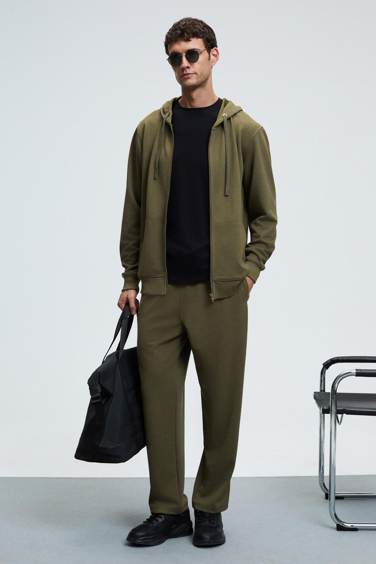 GAGE Erkek Kapüşonlu Metal Kuş Gözü Detaylı Fermuarlı Kordonlu Cepli Haki Sweatshirt