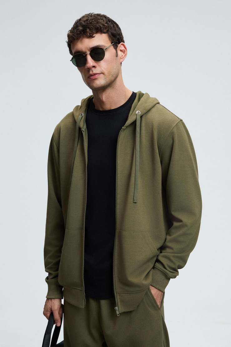 GAGE Erkek Kapüşonlu Metal Kuş Gözü Detaylı Fermuarlı Kordonlu Cepli Haki Sweatshirt