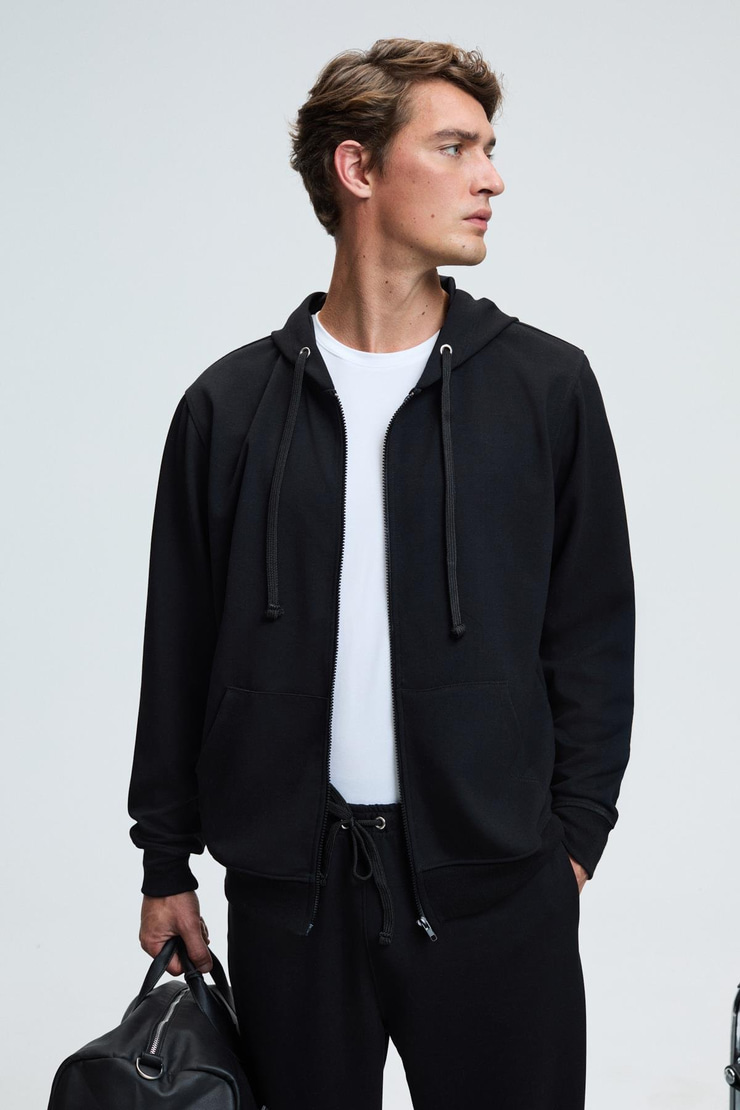 GAGE Erkek Kapüşonlu Metal Kuş Gözü Detaylı Fermuarlı Kordonlu Cepli Siyah Sweatshirt