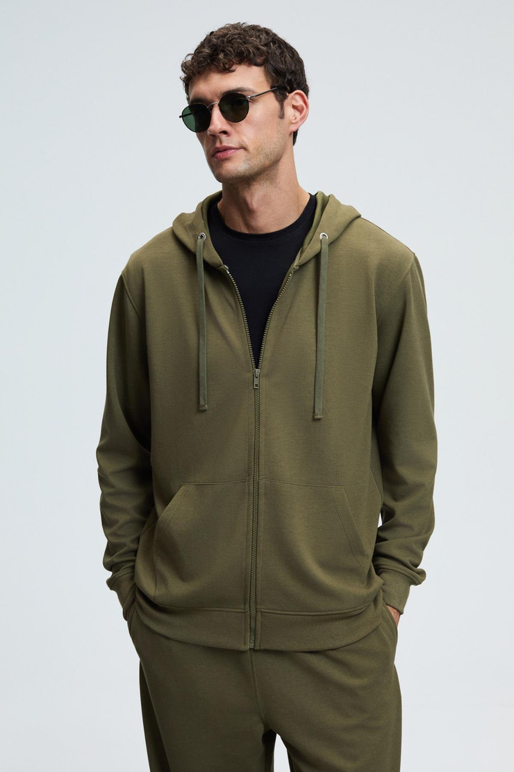 GAGE Erkek Kapüşonlu Metal Kuş Gözü Detaylı Fermuarlı Kordonlu Cepli Haki Sweatshirt