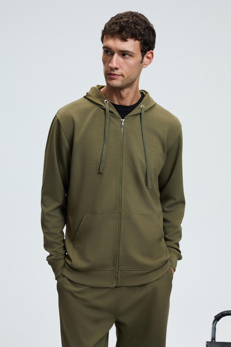 GAGE Erkek Kapüşonlu Metal Kuş Gözü Detaylı Fermuarlı Kordonlu Cepli Haki Sweatshirt