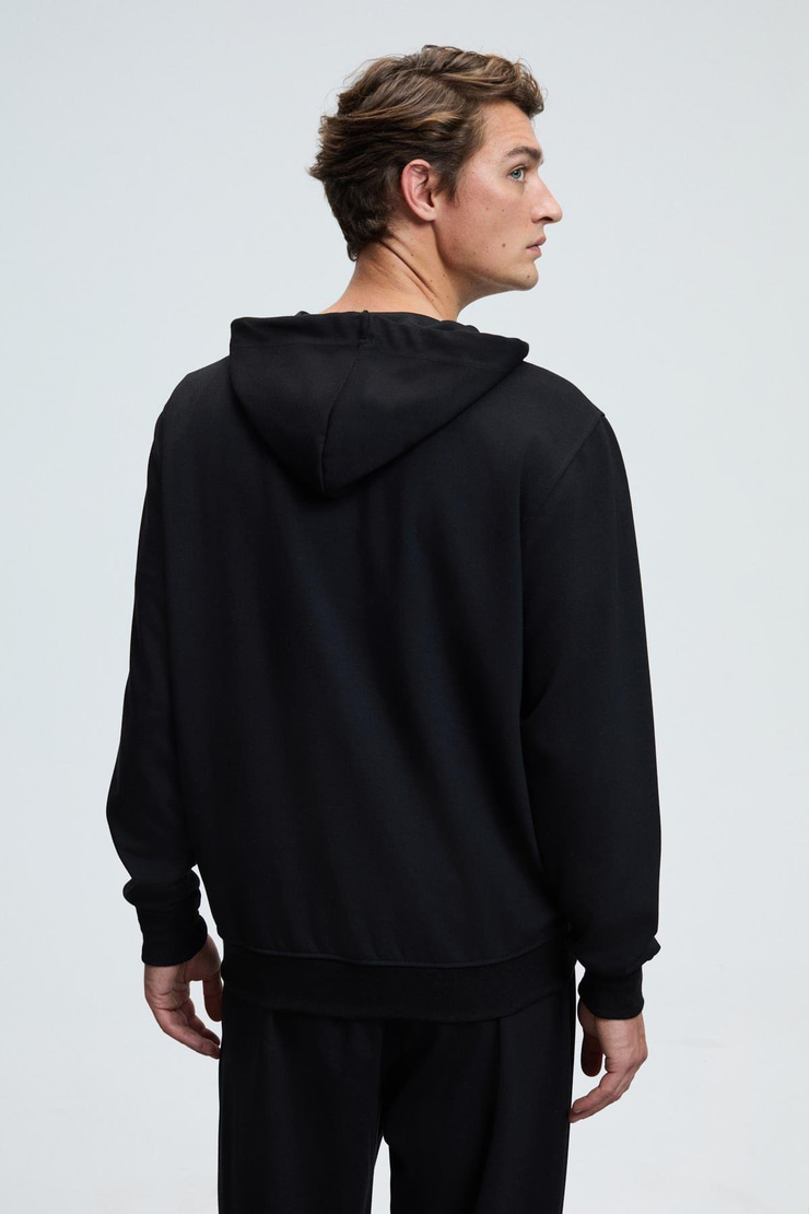 GAGE Erkek Kapüşonlu Metal Kuş Gözü Detaylı Fermuarlı Kordonlu Cepli Siyah Sweatshirt