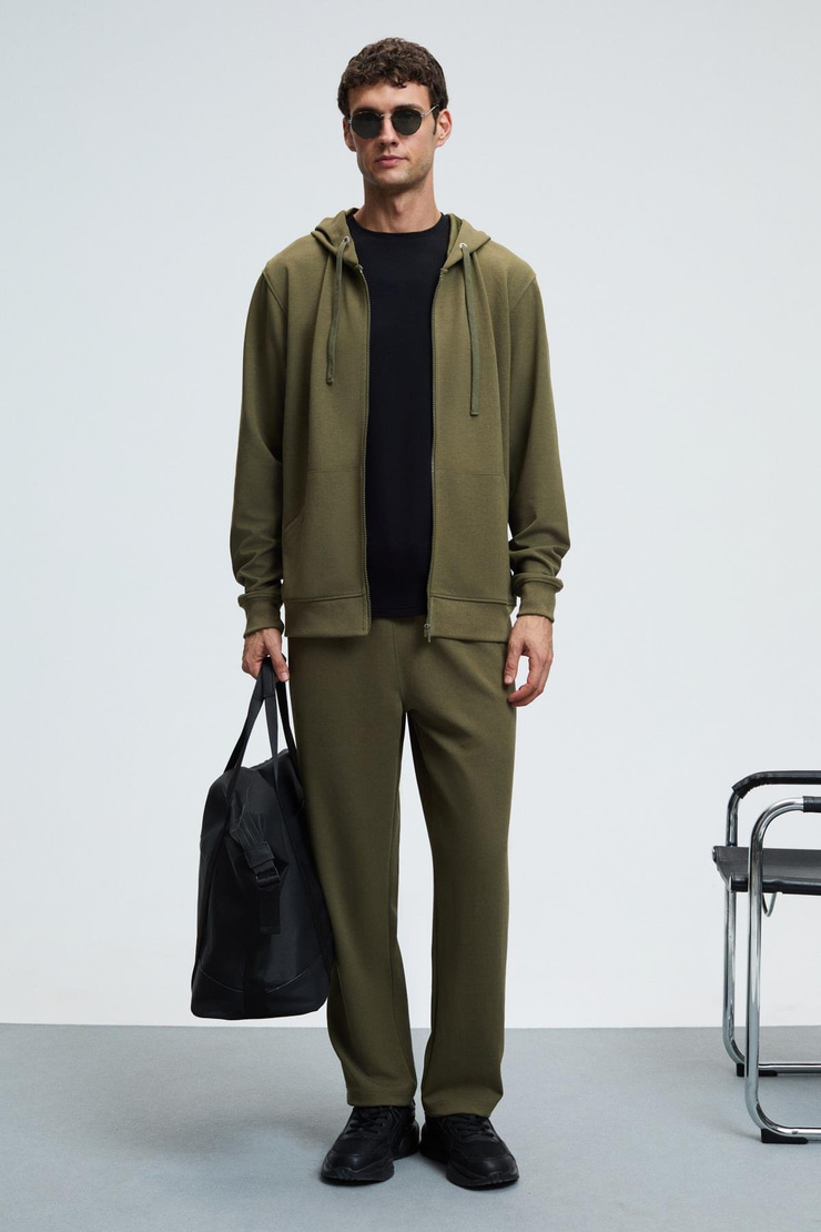 GAGE Erkek Kapüşonlu Metal Kuş Gözü Detaylı Fermuarlı Kordonlu Cepli Haki Sweatshirt