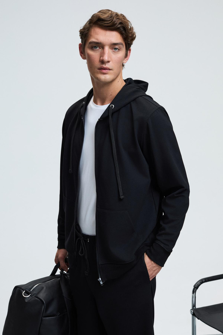 GAGE Erkek Kapüşonlu Metal Kuş Gözü Detaylı Fermuarlı Kordonlu Cepli Siyah Sweatshirt