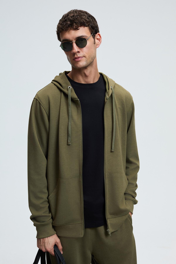 GAGE Erkek Kapüşonlu Metal Kuş Gözü Detaylı Fermuarlı Kordonlu Cepli Haki Sweatshirt