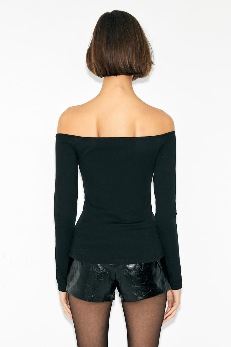 GLIMMER Kadın Carmen Yaka Omuzları Açık Esnek Kumaşlı Taş Detaylı Uzun Kol Siyah Bluz