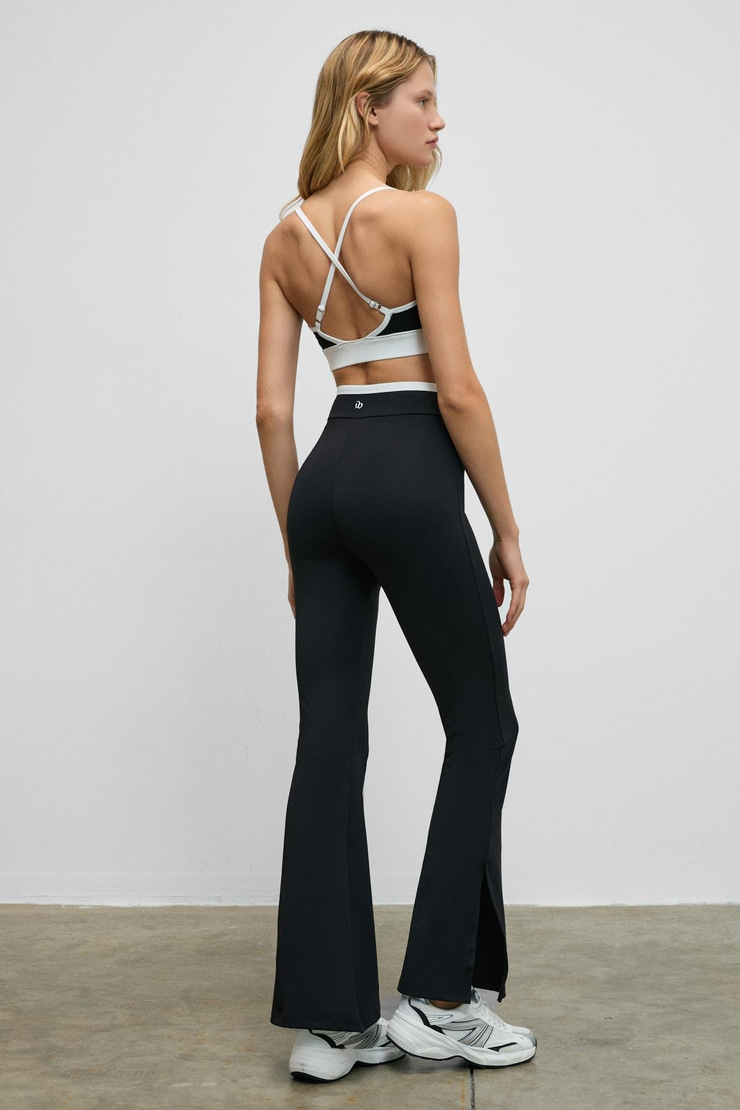 GLIPSEN Kadın Yumuşak Ve Esnek Dokulu Kontrast Biyeli Asimetrik Kemerli İspanyol Paça Siyah Tayt