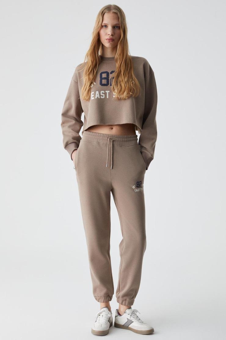 GLORYY Kadın Comfort Fit Baskı Detaylı Lastikli Paça Organik Pamuklu Açık Kahverengi Alt-Üst Takım