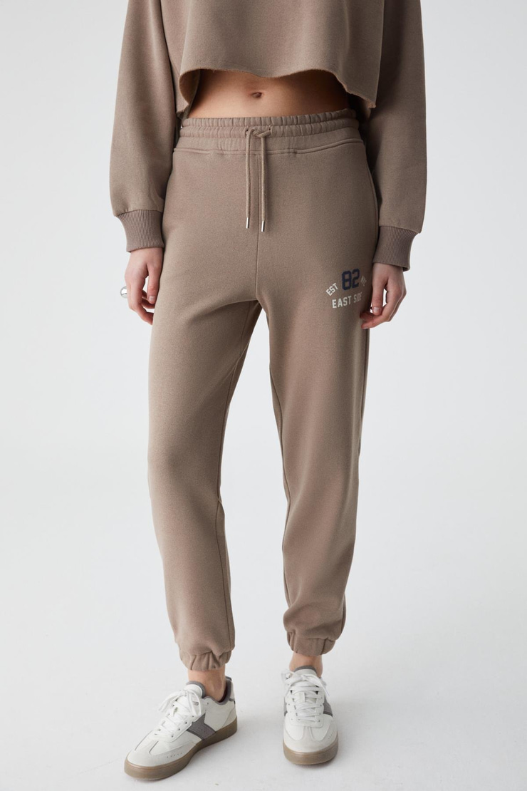 GLORYY Kadın Comfort Fit Baskı Detaylı Lastikli Paça Organik Pamuklu Açık Kahverengi Alt-Üst Takım