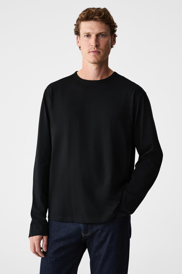 GRAVS Erkek %100 Pamuklu Yumuşak Kumaşlı Yuvarlak Yakalı Uzun Kollu Siyah T-Shirt