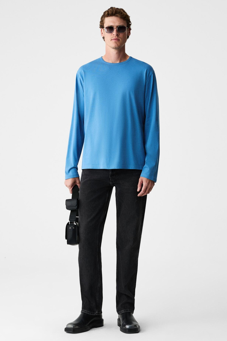 GRAVS Erkek %100 Pamuklu Yumuşak Kumaşlı Yuvarlak Yakalı Uzun Kollu Mavi T-Shirt