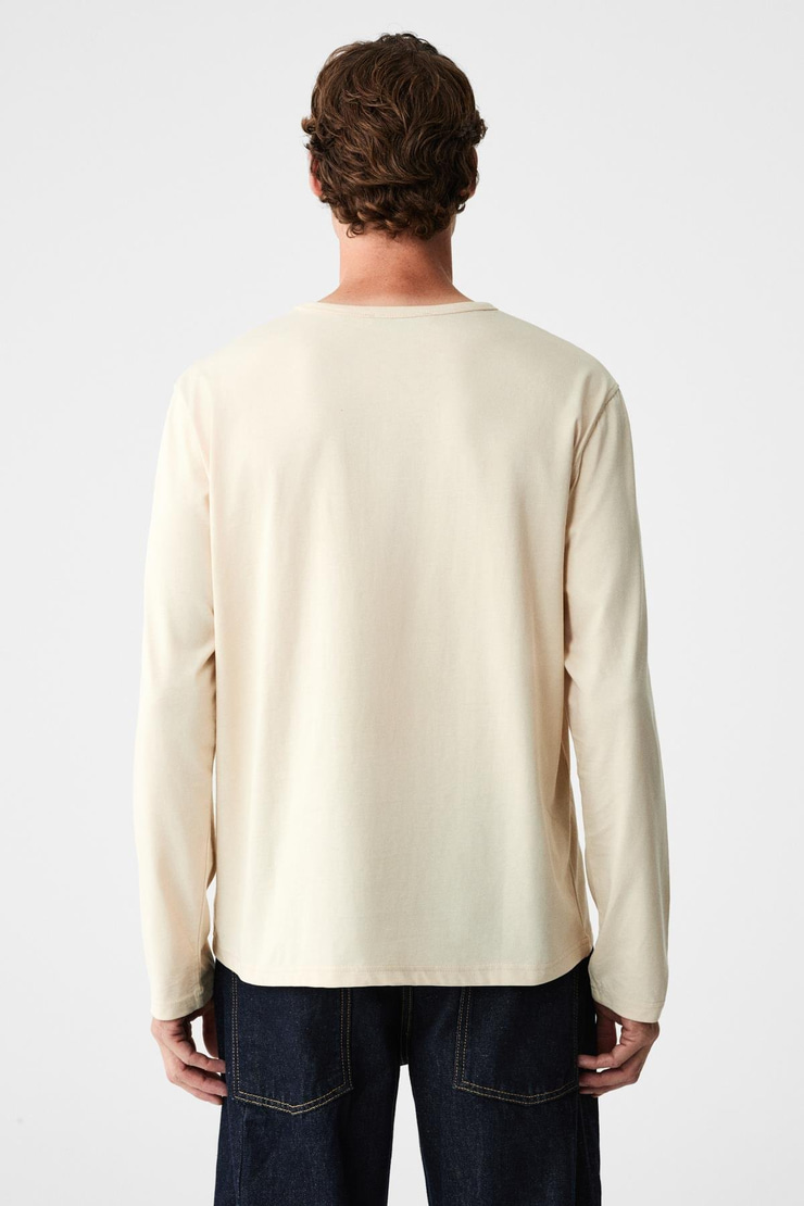 GRAVS Erkek %100 Pamuklu Yumuşak Kumaşlı Yuvarlak Yakalı Uzun Kollu Bej T-Shirt