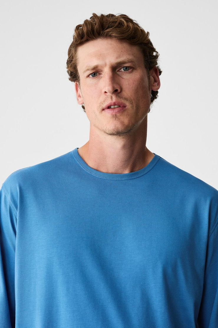 GRAVS Erkek %100 Pamuklu Yumuşak Kumaşlı Yuvarlak Yakalı Uzun Kollu Mavi T-Shirt