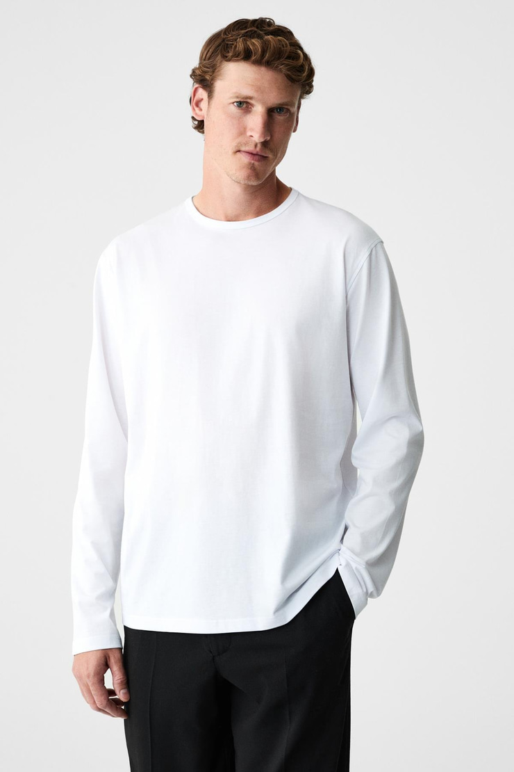 GRAVS Erkek %100 Pamuklu Yumuşak Kumaşlı Yuvarlak Yakalı Uzun Kollu Ekru T-Shirt