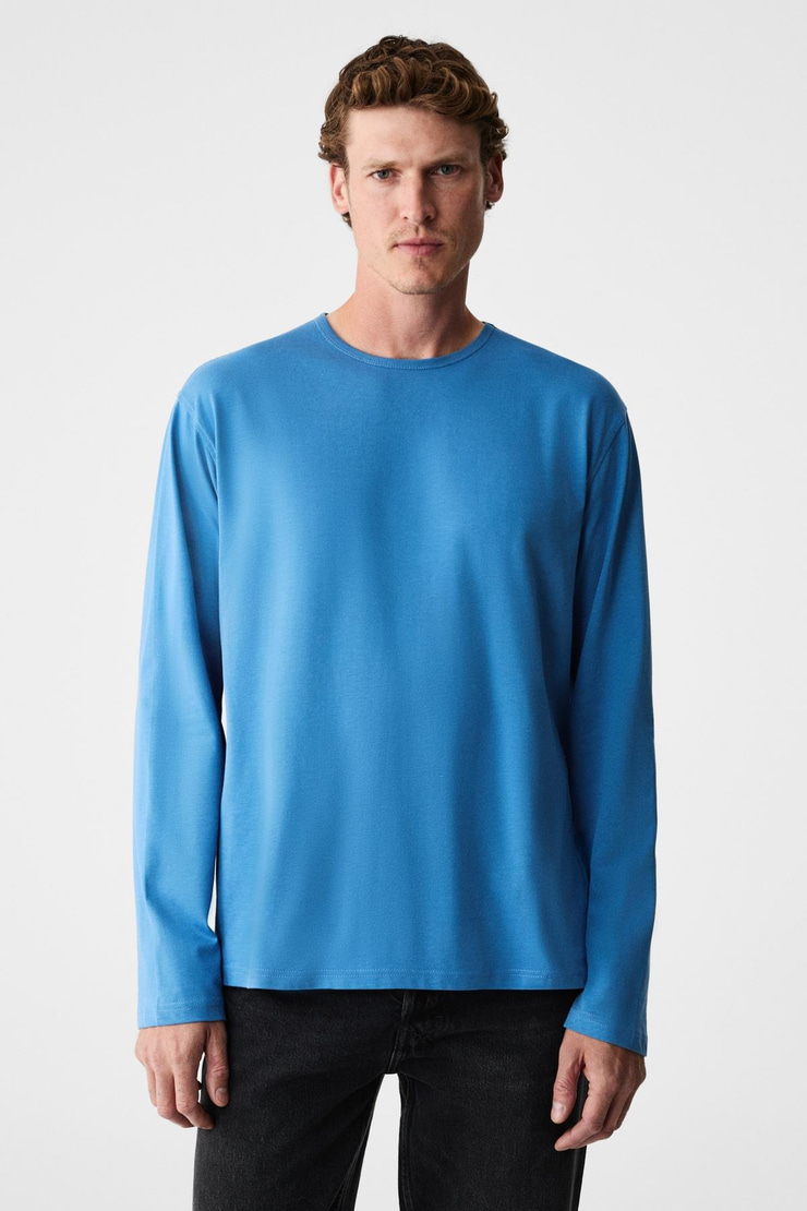 GRAVS Erkek %100 Pamuklu Yumuşak Kumaşlı Yuvarlak Yakalı Uzun Kollu Mavi T-Shirt
