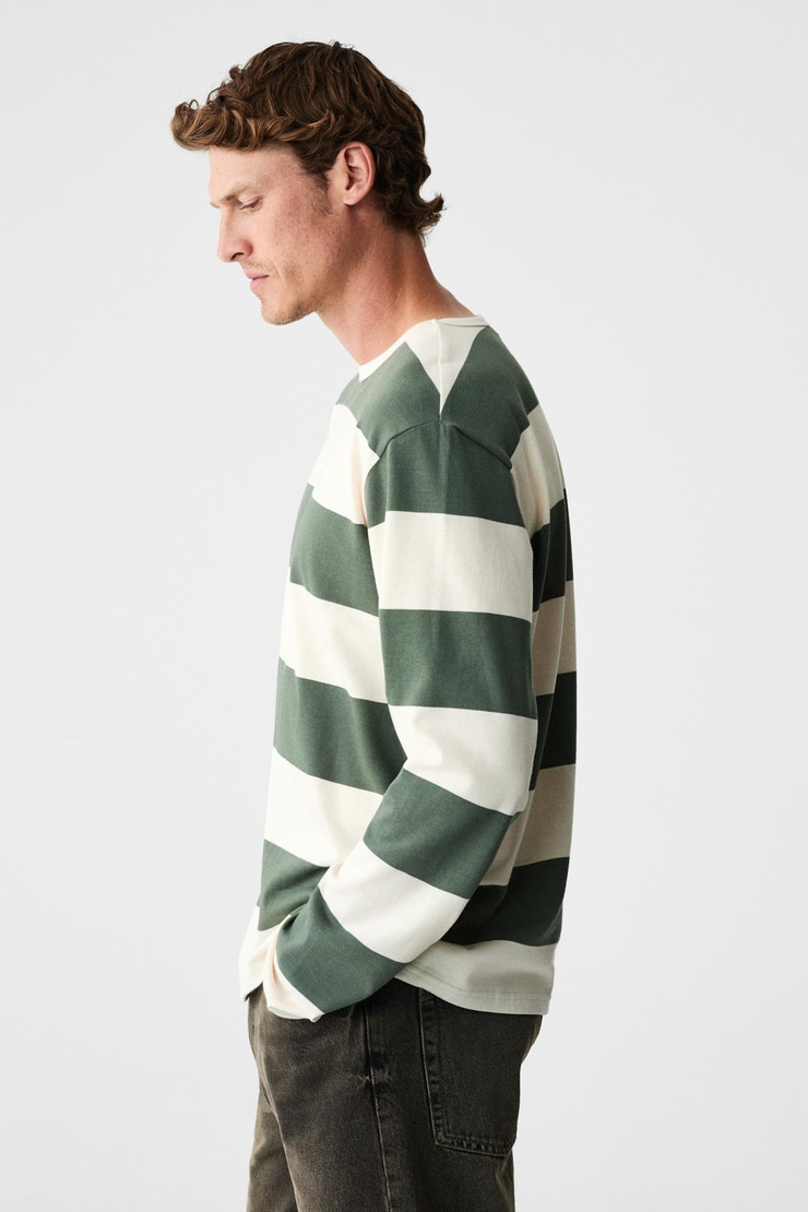 GRAVS Erkek %100 Pamuklu Yumuşak Kumaşlı Yuvarlak Yakalı Uzun Kollu Yeşil - Ekru T-Shirt