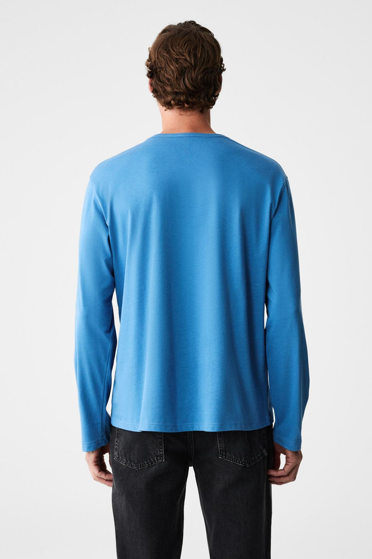 GRAVS Erkek %100 Pamuklu Yumuşak Kumaşlı Yuvarlak Yakalı Uzun Kollu Mavi T-Shirt