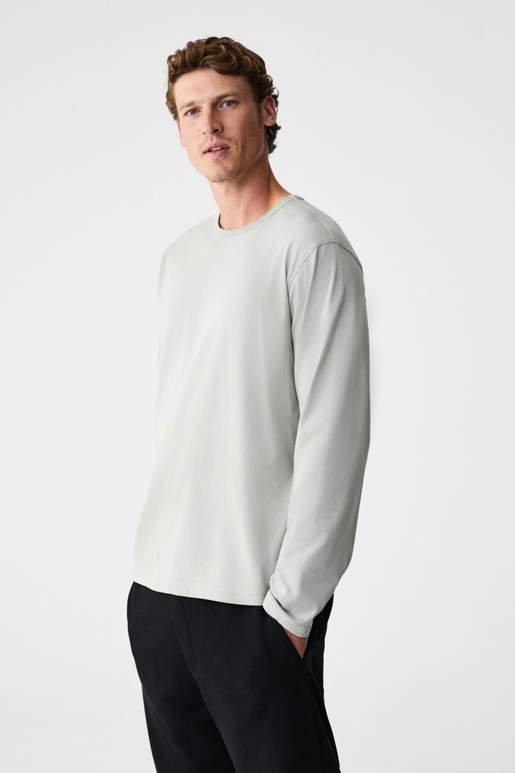 GRAVS Erkek %100 Pamuklu Yumuşak Kumaşlı Yuvarlak Yakalı Uzun Kollu Gri T-Shirt