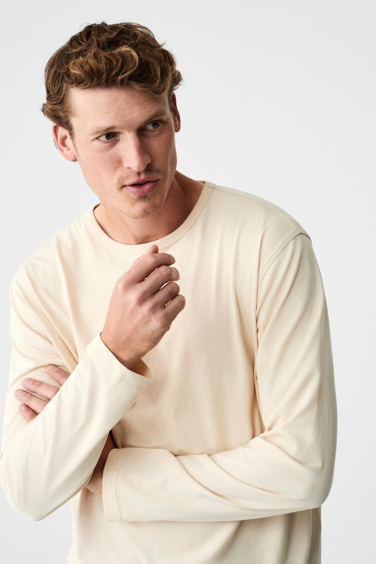 GRAVS Erkek %100 Pamuklu Yumuşak Kumaşlı Yuvarlak Yakalı Uzun Kollu Bej T-Shirt