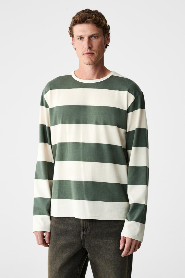 GRAVS Erkek %100 Pamuklu Yumuşak Kumaşlı Yuvarlak Yakalı Uzun Kollu Yeşil - Ekru T-Shirt