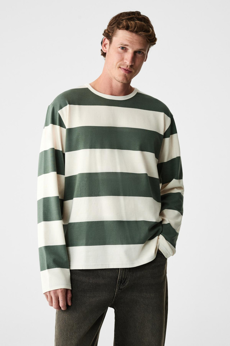 GRAVS Erkek %100 Pamuklu Yumuşak Kumaşlı Yuvarlak Yakalı Uzun Kollu Yeşil - Ekru T-Shirt