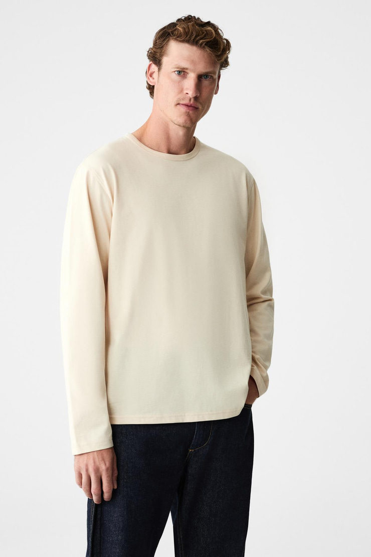 GRAVS Erkek %100 Pamuklu Yumuşak Kumaşlı Yuvarlak Yakalı Uzun Kollu Bej T-Shirt