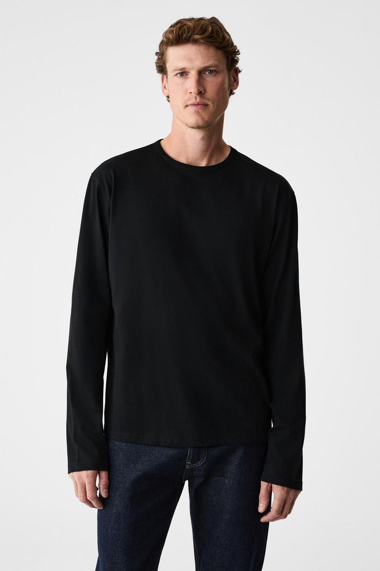 GRAVS Erkek %100 Pamuklu Yumuşak Kumaşlı Yuvarlak Yakalı Uzun Kollu Siyah T-Shirt