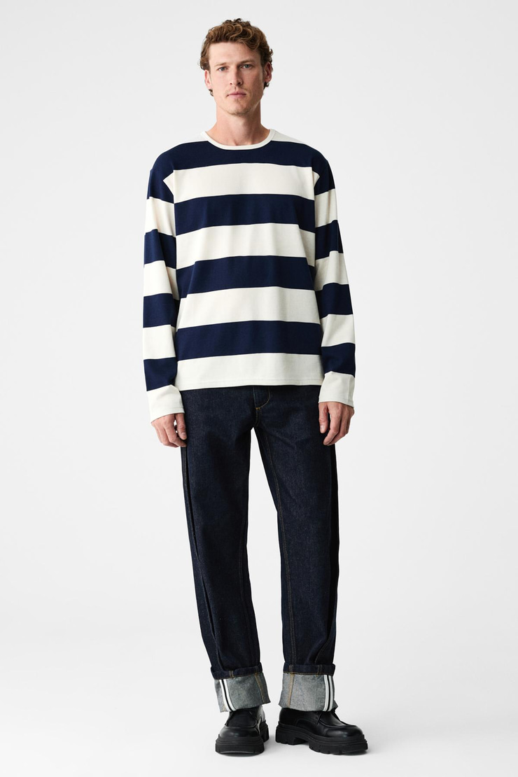 GRAVS Erkek %100 Pamuklu Yumuşak Kumaşlı Yuvarlak Yakalı Uzun Kollu Lacivert - Ekru T-Shirt