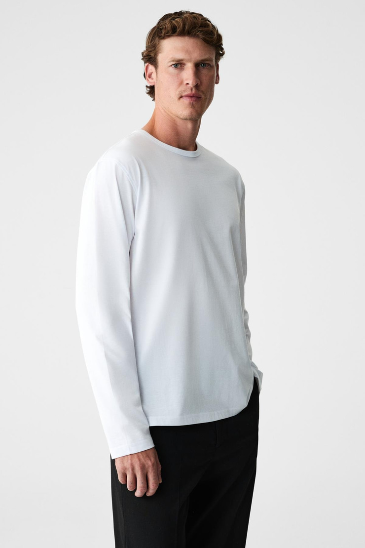 GRAVS Erkek %100 Pamuklu Yumuşak Kumaşlı Yuvarlak Yakalı Uzun Kollu Ekru T-Shirt