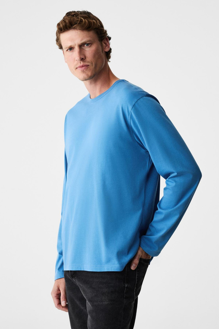 GRAVS Erkek %100 Pamuklu Yumuşak Kumaşlı Yuvarlak Yakalı Uzun Kollu Mavi T-Shirt