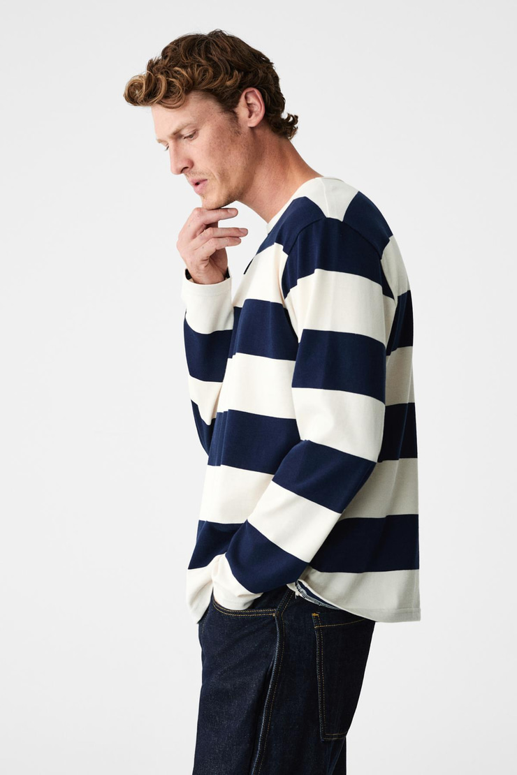 GRAVS Erkek %100 Pamuklu Yumuşak Kumaşlı Yuvarlak Yakalı Uzun Kollu Lacivert - Ekru T-Shirt