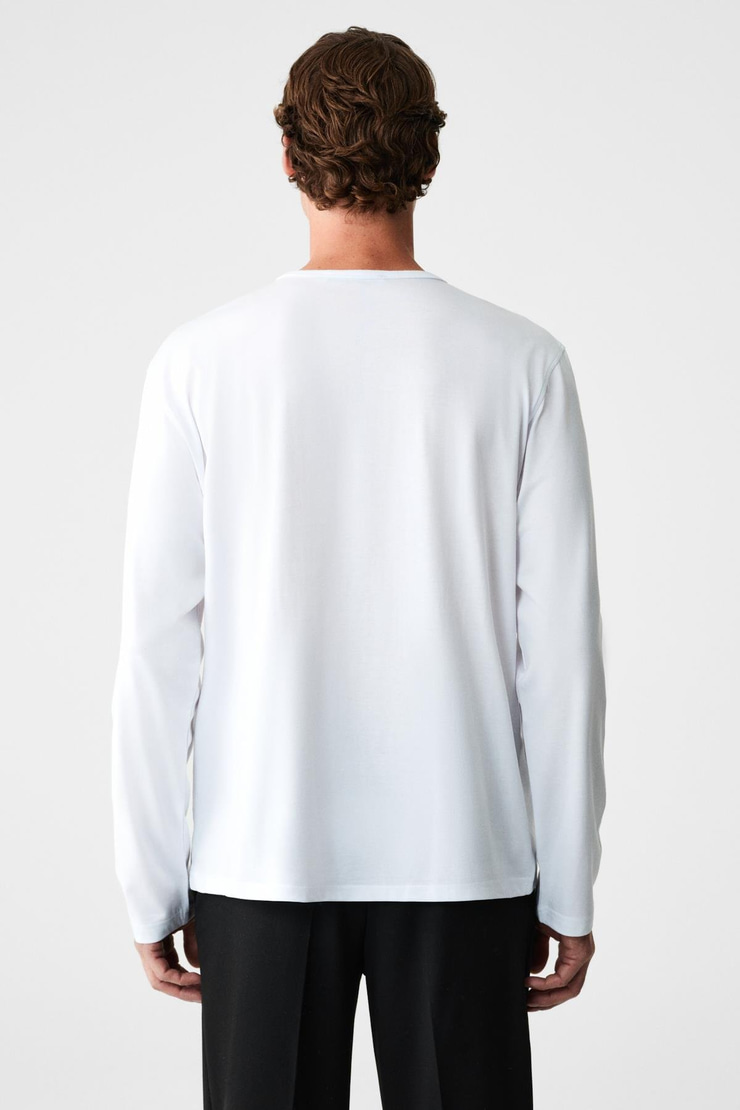 GRAVS Erkek %100 Pamuklu Yumuşak Kumaşlı Yuvarlak Yakalı Uzun Kollu Ekru T-Shirt