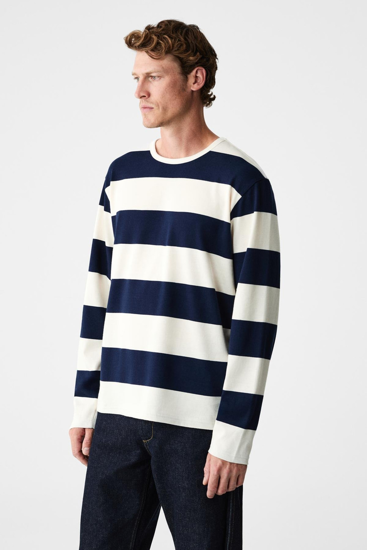 GRAVS Erkek %100 Pamuklu Yumuşak Kumaşlı Yuvarlak Yakalı Uzun Kollu Lacivert - Ekru T-Shirt